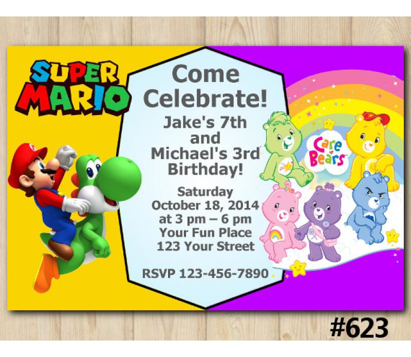 Twin Super Mario and Care Bears Birthday Invitation, Joint Twin Invitation  Template