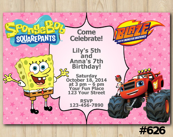 Twin Spongebob and Blaze Invitation | Personalized Digital Card