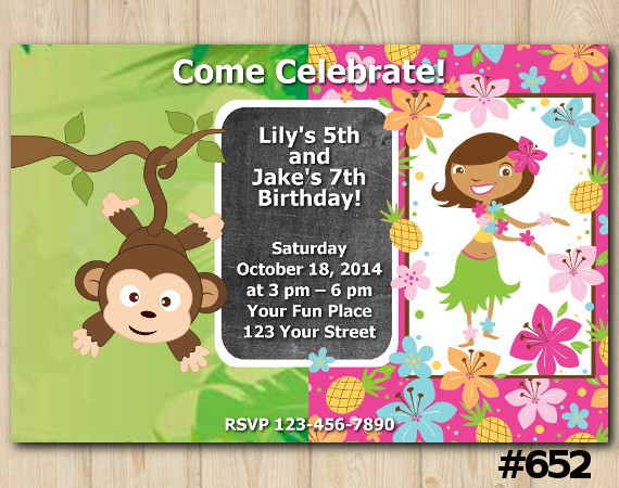 Twin Baby Monkey and Hawaiian Invitation | Personalized Digital Card
