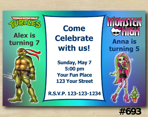Twin TMNT and Monster High Invitation | Personalized Digital Card