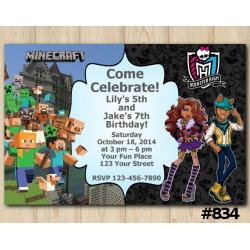 Twin Minecraft and Monster High Invitation