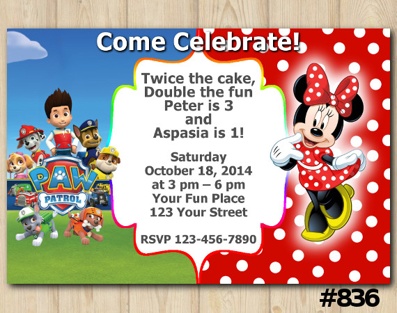 Twin Paw Patrol and Minnie Mouse Invitation | Personalized Digital Card