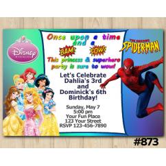 Twin Disney Princesses and Spiderman Invitation