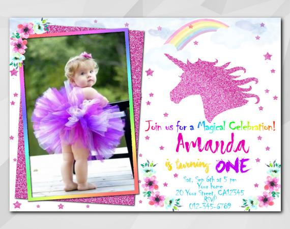 Unicorn invitation with Photo | Personalized Digital Card
