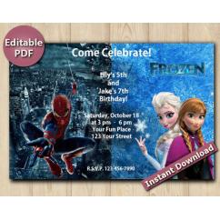 Twin Spiderman and Frozen Editable Invitation 4x6