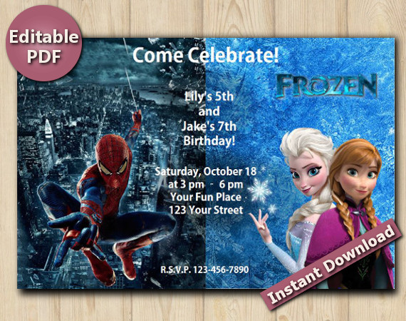 Twin Spiderman and Frozen Editable Invitation 4x6 | Instant Download