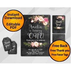 Watercolor Chalkboard Birthday Invitation Set