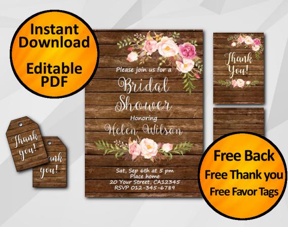 Instant Download Watercolor Wood Bridal Shower Invitation Set