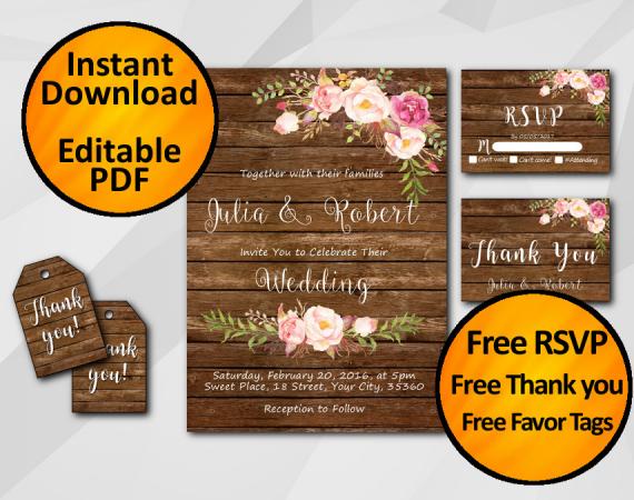 Instant Download Watercolor Wood Wedding Invitation Set