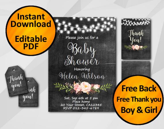 Instant Download String Lights Chalkboard Baby Shower Invitation Set
