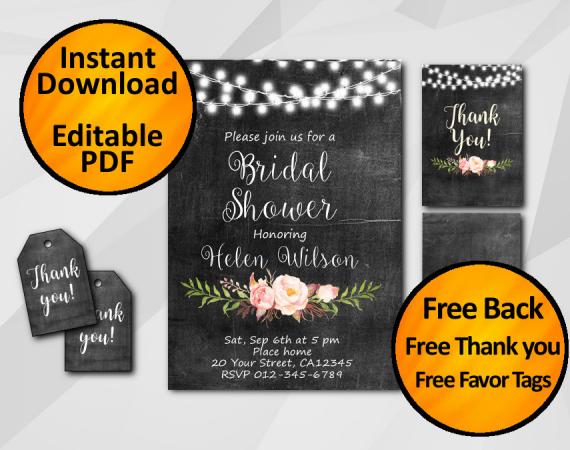 Instant Download String Lights Chalkboard Bridal Shower Invitation Set