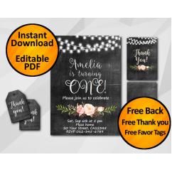 String Lights Chalkboard Birthday Invitation Set
