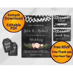 String Lights Chalkboard Wedding Invitation Set