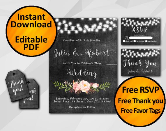 Instant Download String Lights Chalkboard Wedding Invitation Set