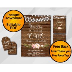 String Lights Wood Birthday Invitation Set