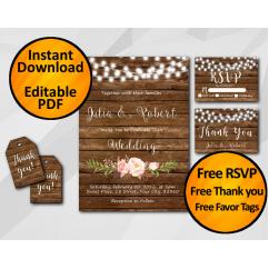String Lights Wood Wedding Invitation Set