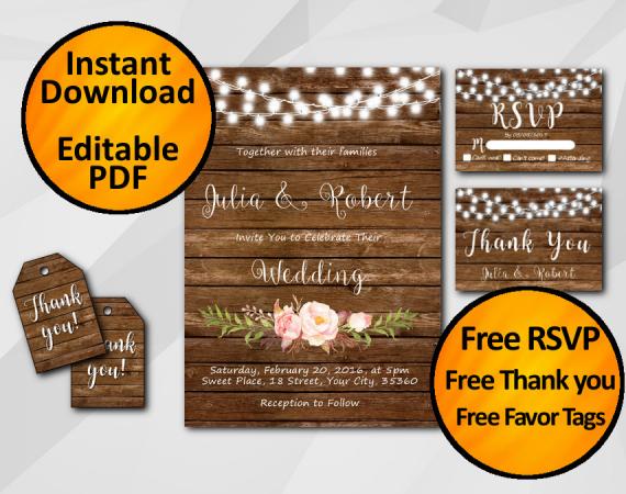 Instant Download String Lights Wood Wedding Invitation Set