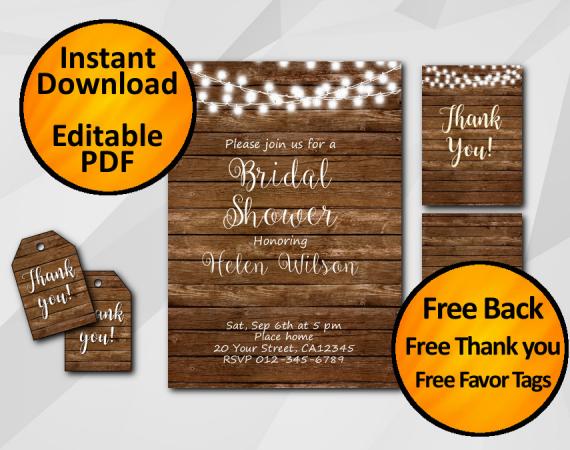 Instant Download String Lights Wood Bridal Shower Invitation Set
