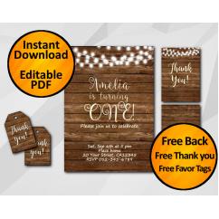 String Lights Wood Birthday Invitation Set