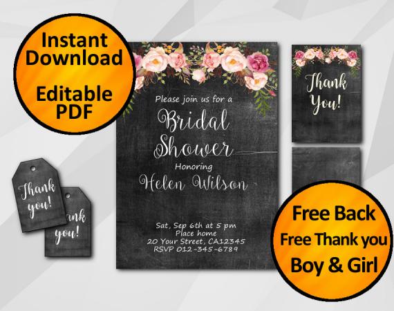 Instant Download Watercolor Chalkboard Bridal Shower Invitation Set