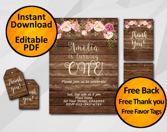 Instant Download Watercolor Wood Birthday Invitation Set