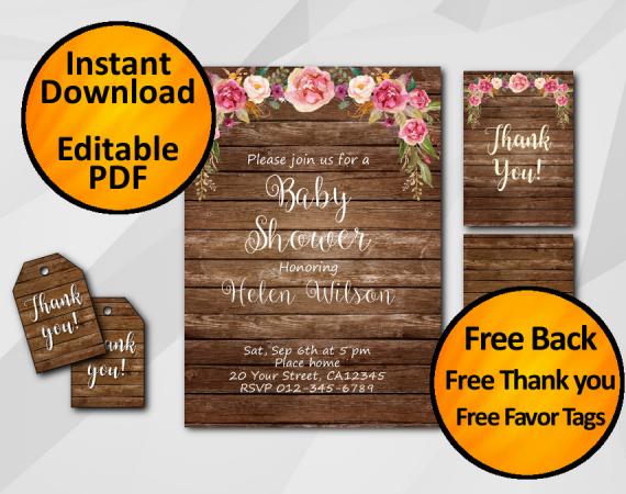 Instant Download Watercolor Wood Baby Shower Invitation Set