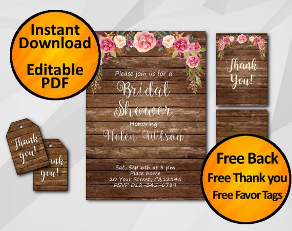 Instant Download Watercolor Wood Bridal Shower Invitation Set
