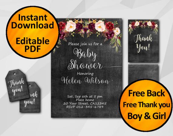 Instant Download Watercolor Chalkboard Baby Shower Invitation Set