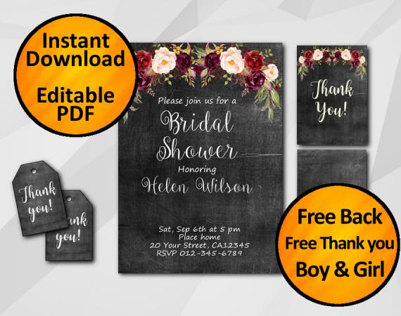 Instant Download Watercolor Chalkboard Bridal Shower Invitation Set