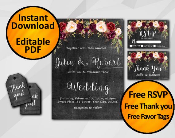Instant Download Watercolor Chalkboard Wedding Invitation Set