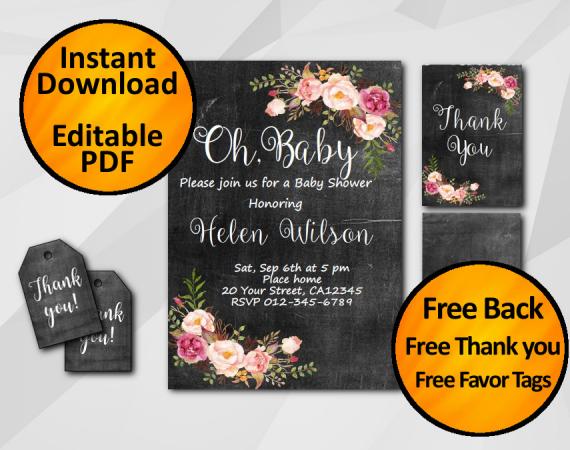 Editable Watercolor Chalkboard Baby Shower Invitation Set "Oh, Baby"