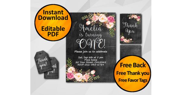 Any Age Watercolor Chalkboard Birthday Invitation Set With Thank S And Favors