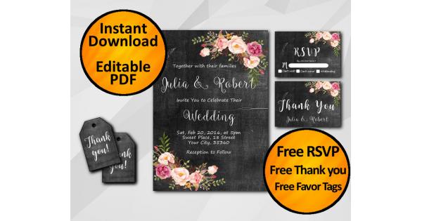 Watercolor Chalkboard Wedding Invitation Suite