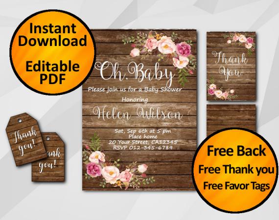 Editable Watercolor Wood Baby Shower Invitation Set "Oh, Baby"