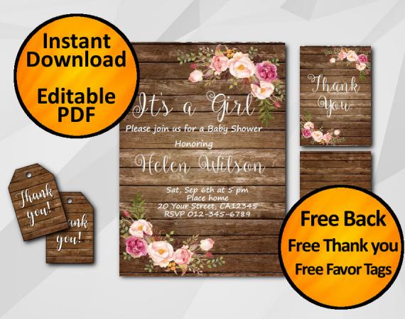 Instant Download Its a Girl Baby Shower Invitation Set