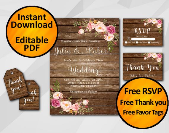 Instant Download Watercolor Wood Wedding Invitation Set