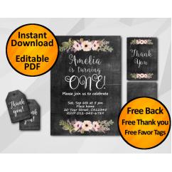 Watercolor Chalkboard Birthday Invitation Set