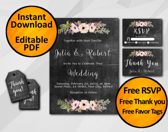 Instant Download Watercolor Chalkboard Wedding Invitation Set