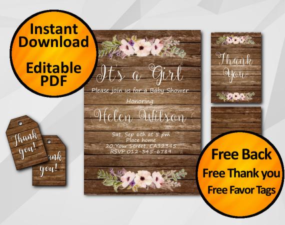 Instant Download Its a Girl Baby Shower Invitation Set