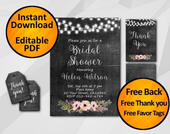 Instant Download String Lights Chalkboard Bridal Shower Invitation Set