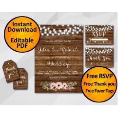 String Lights Wood Wedding Invitation Set
