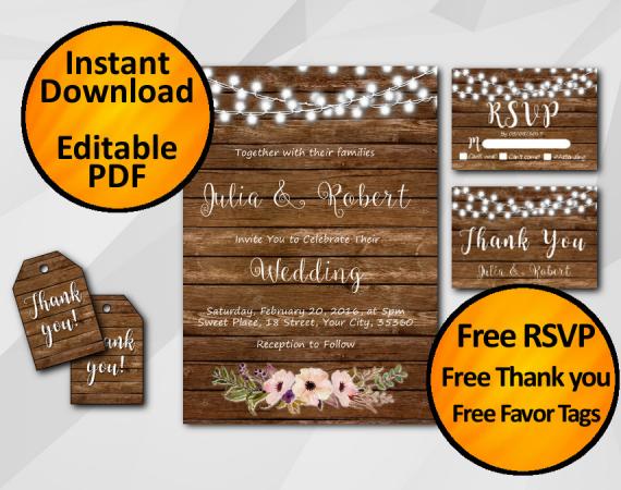 Instant Download String Lights Wood Wedding Invitation Set