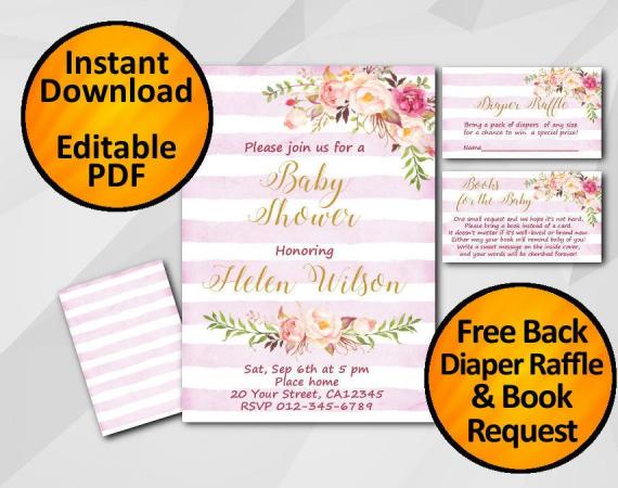 Instant Download Watercolor Baby Shower Fuchsia Stripe Invitation set