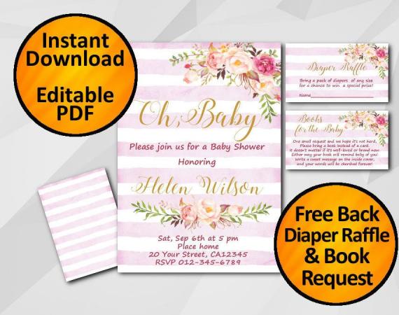Instant Download Oh Baby Watercolor Baby Shower Fuchsia Stripe Invitation set