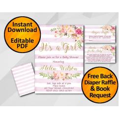 Its a Girl Watercolor Baby Shower Fuchsia Stripe Invitation set