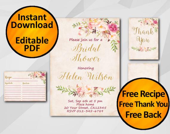 Instant Download Watercolor Bridal Shower Peach Invitation set