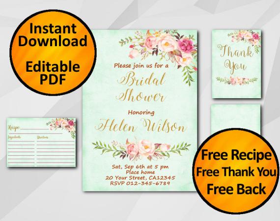 Instant Download Watercolor Bridal Shower Turquoise Invitation set
