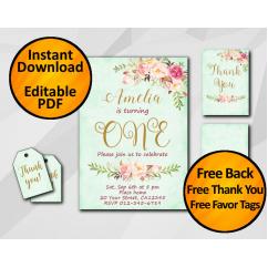 Watercolor 1st Birthday Turquoise Invitation set