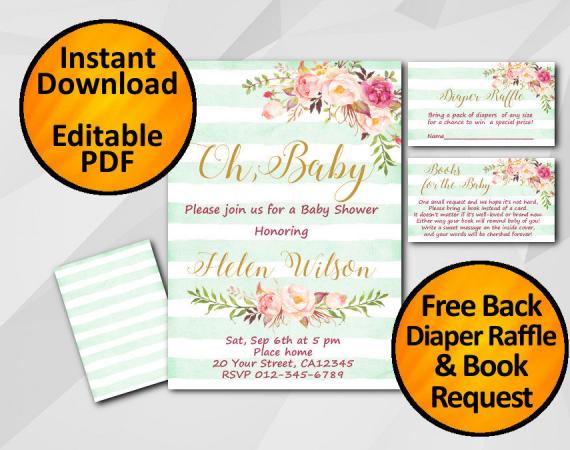 Instant Download Oh Baby Watercolor Baby Shower Turquoise Stripe Invitation set