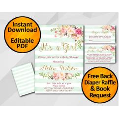 Its a Girl Watercolor Baby Shower Turquoise Stripe Invitation set